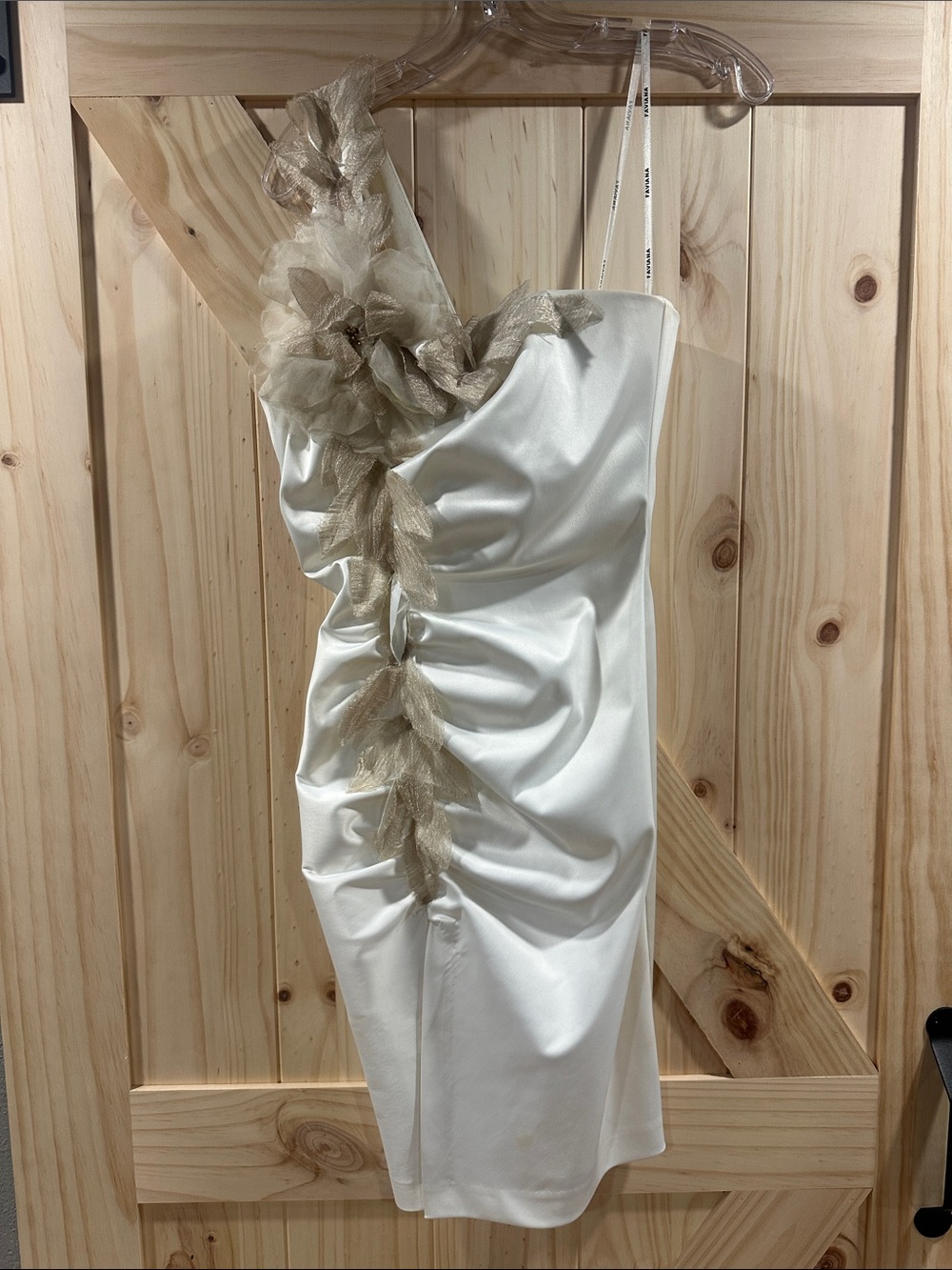 Faviana White One-Shoulder Cocktail Dress with Gold Floral Trim